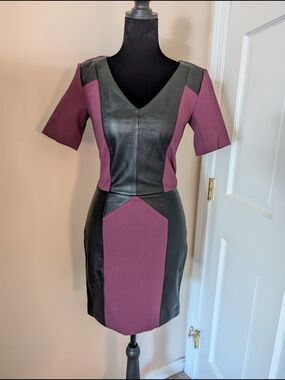 Rebecca Minkoff Lambskin Leather Colorblock V-Neck Sheath Dress Plum 2